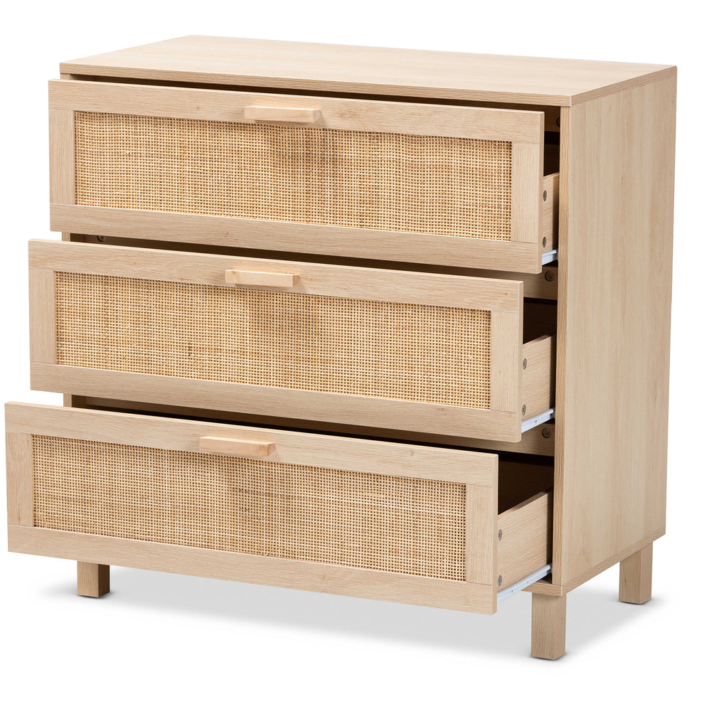 Baxton Studio Sebille Mid-Century Modern Light Brown Finished Wood 3-Drawer Storage Cabinet with Natural Rattan | Cabinets | Modishstore - 5