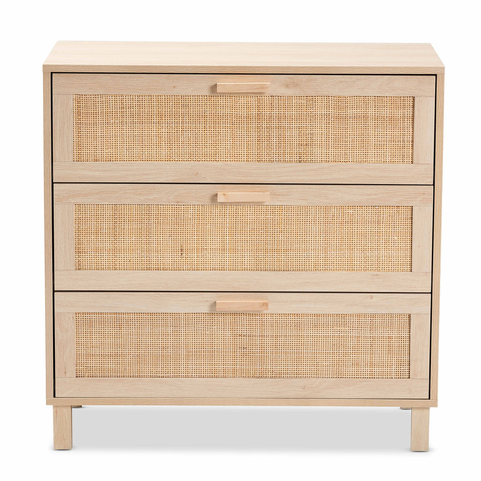 Baxton Studio Sebille Mid-Century Modern Light Brown Finished Wood 3-Drawer Storage Cabinet with Natural Rattan | Cabinets | Modishstore - 6