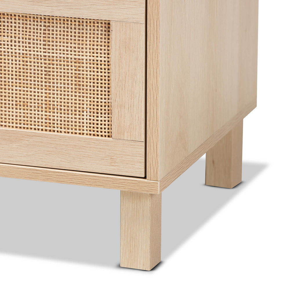 Baxton Studio Sebille Mid-Century Modern Light Brown Finished Wood 3-Drawer Storage Cabinet with Natural Rattan | Cabinets | Modishstore - 9