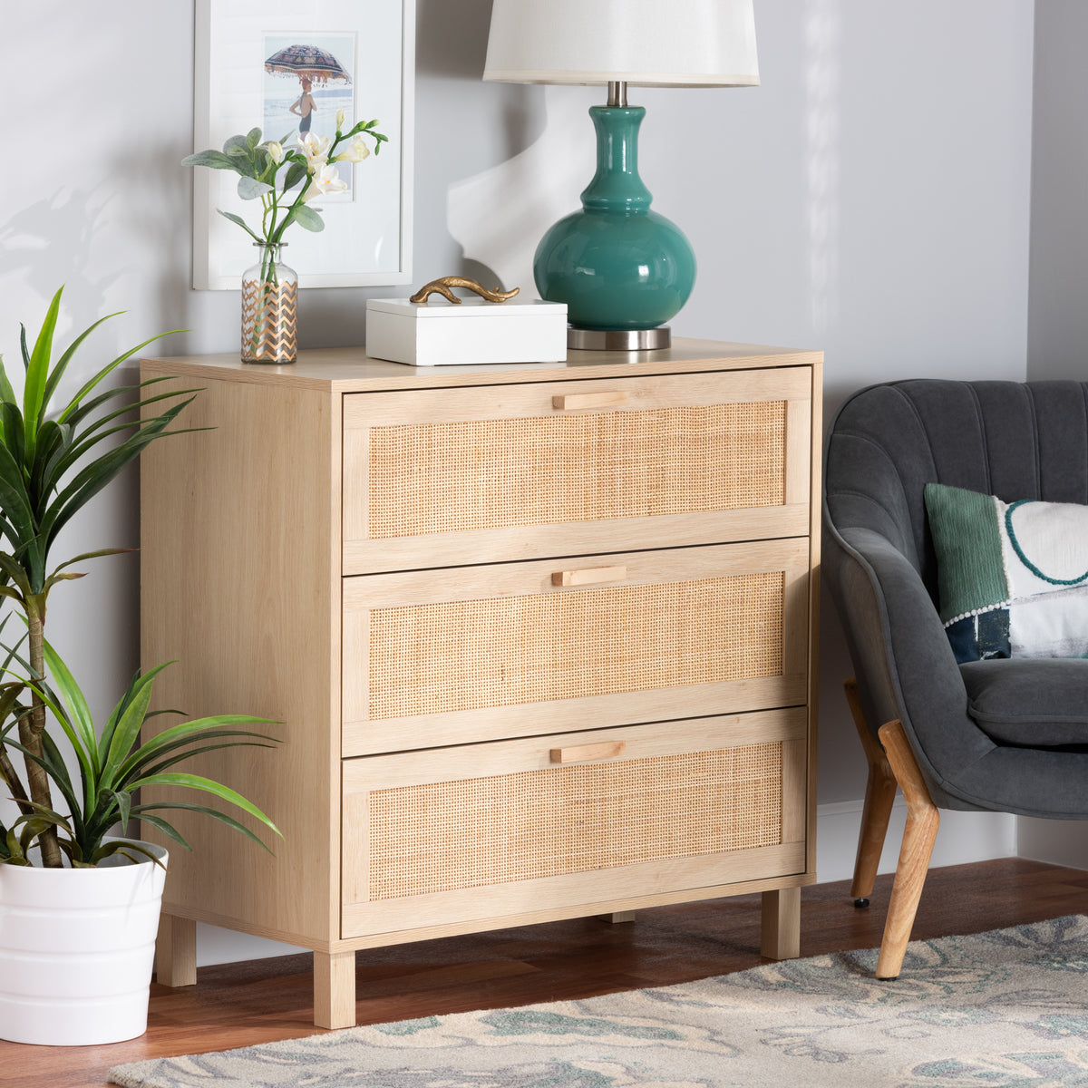 Baxton Studio Sebille Mid-Century Modern Light Brown Finished Wood 3-Drawer Storage Cabinet with Natural Rattan | Cabinets | Modishstore
