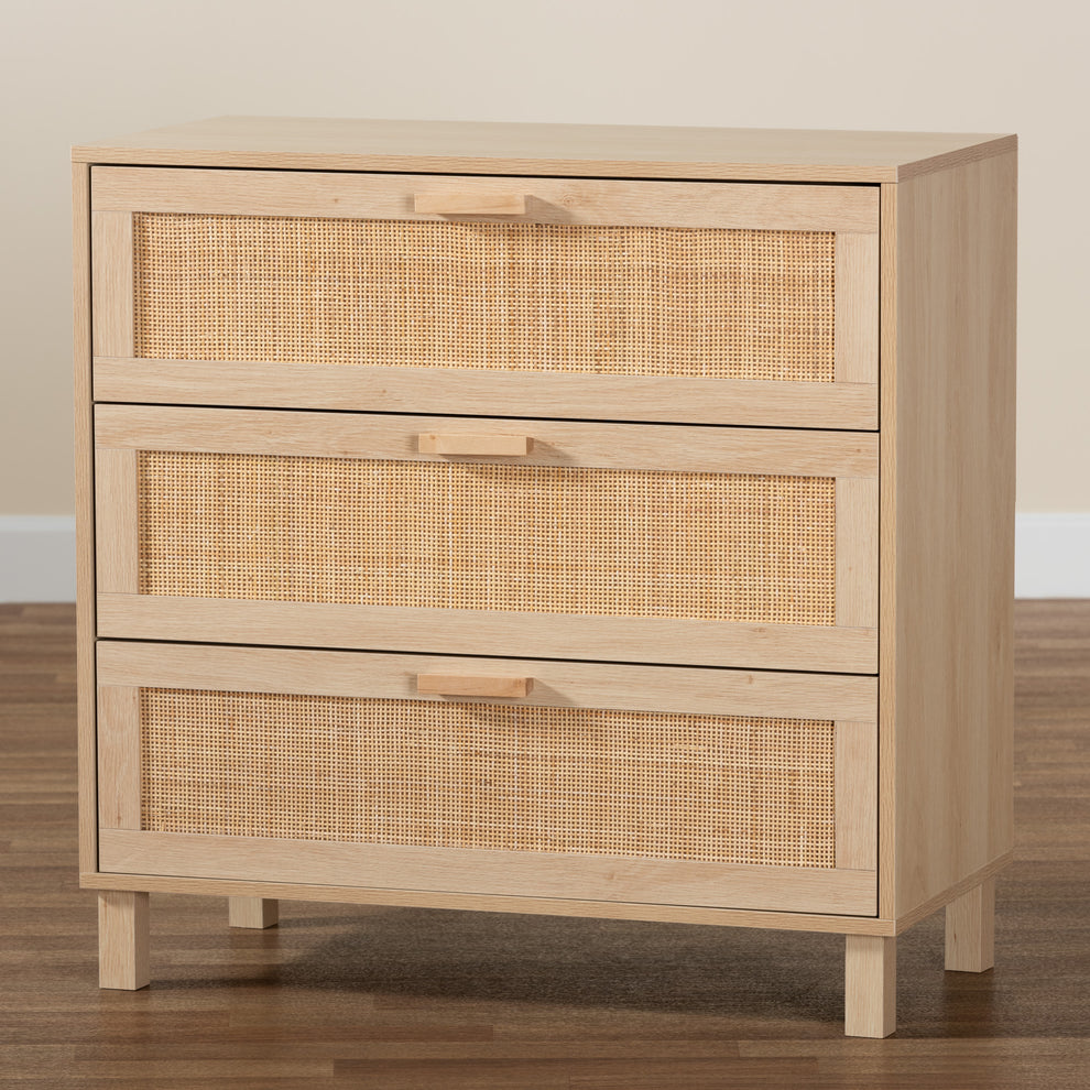 Baxton Studio Sebille Mid-Century Modern Light Brown Finished Wood 3-Drawer Storage Cabinet with Natural Rattan | Cabinets | Modishstore - 2