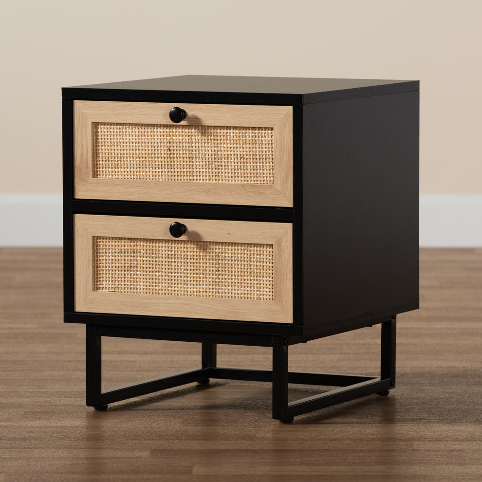 Baxton Studio Declan Mid-Century Modern Espresso Brown Finished Wood and Natural Rattan 2-Drawer End Table | Cabinets | Modishstore - 2