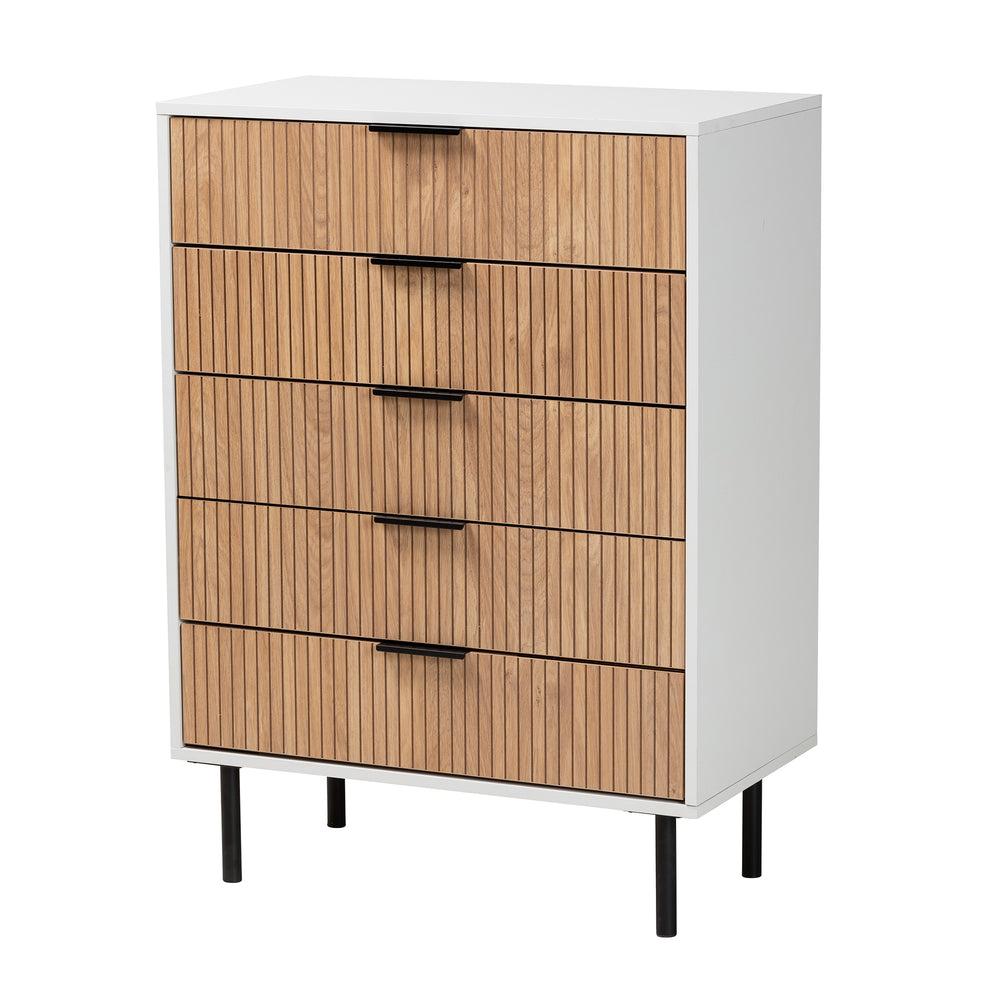 Baxton Studio Karima Mid-Century Modern Two-Tone White and Natural Brown Finished Wood and Black Metal 5-Drawer Storage Cabinet | Cabinets | Modishstore - 2