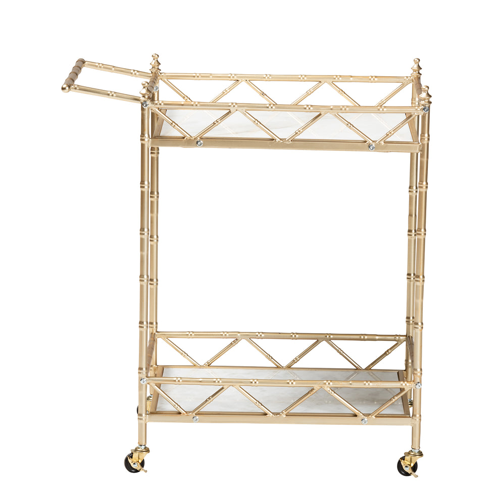 Baxton Studio Mela Contemporary Glam and Luxe Gold Metal and White Marble 2-Tier Wine Cart | Bar Carts | Modishstore - 3