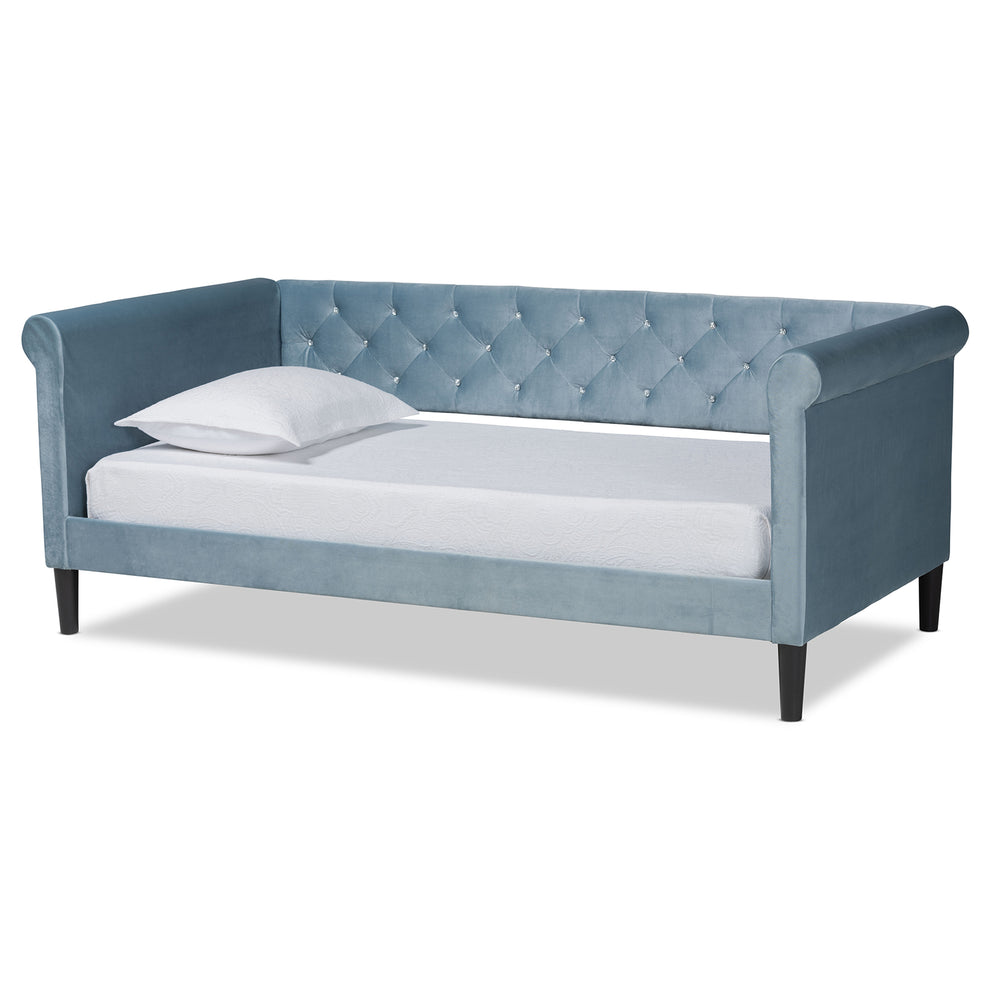 Baxton Studio Cora Modern and Contemporary Light Blue Velvet Fabric Upholstered and Dark Brown Finished Wood Twin Size Daybed | Daybeds | Modishstore - 2