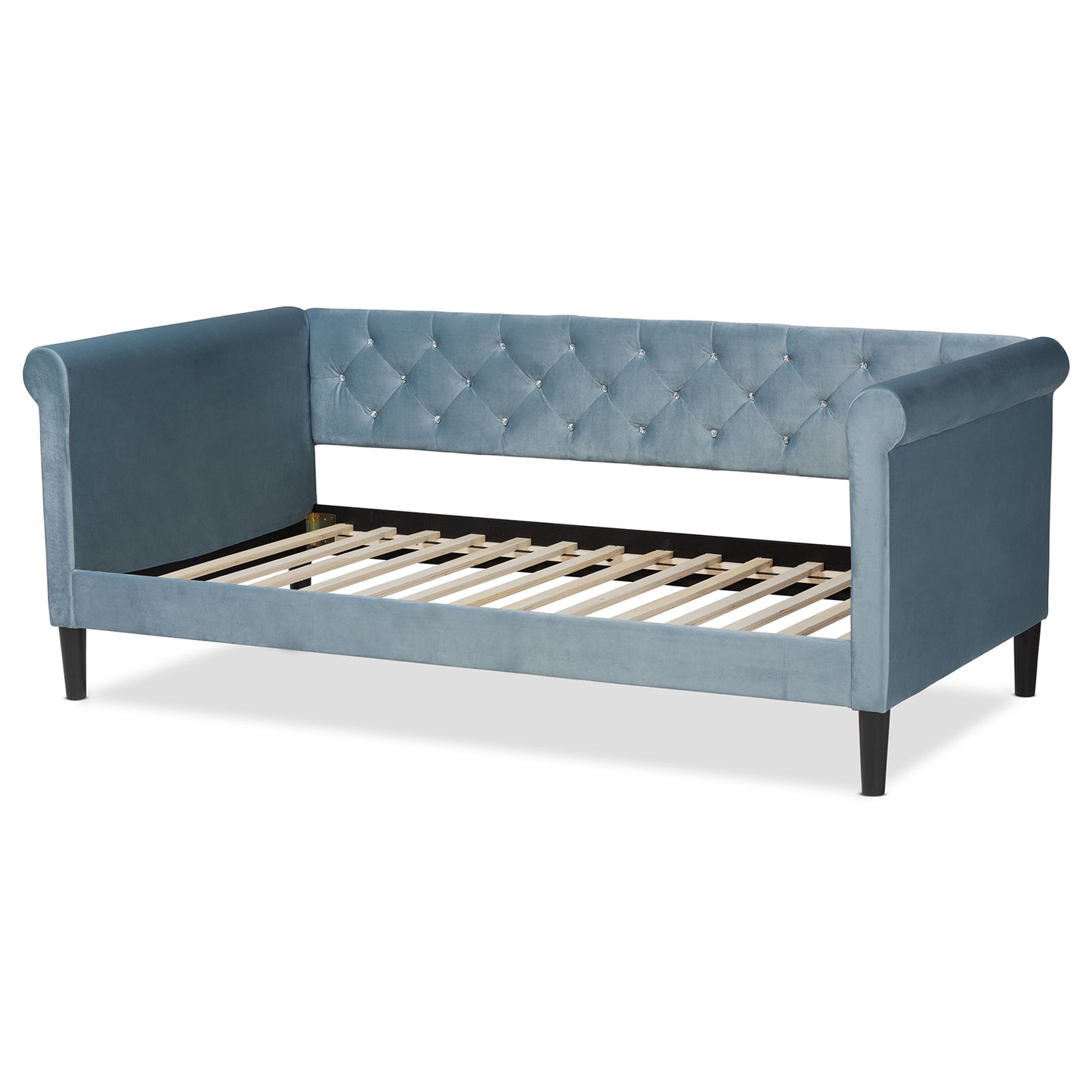 Baxton Studio Cora Modern and Contemporary Light Blue Velvet Fabric Upholstered and Dark Brown Finished Wood Twin Size Daybed | Daybeds | Modishstore - 4