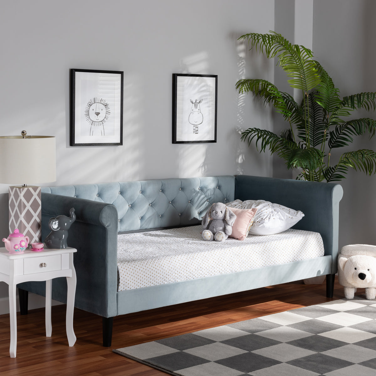 Baxton Studio Cora Modern and Contemporary Light Blue Velvet Fabric Upholstered and Dark Brown Finished Wood Twin Size Daybed | Daybeds | Modishstore