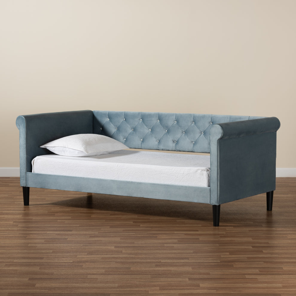 Baxton Studio Cora Modern and Contemporary Light Blue Velvet Fabric Upholstered and Dark Brown Finished Wood Twin Size Daybed | Daybeds | Modishstore - 10