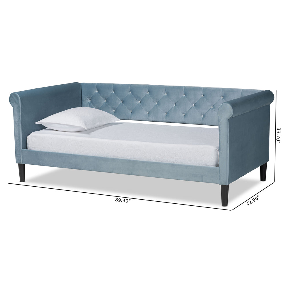 Baxton Studio Cora Modern and Contemporary Light Blue Velvet Fabric Upholstered and Dark Brown Finished Wood Twin Size Daybed | Daybeds | Modishstore - 8