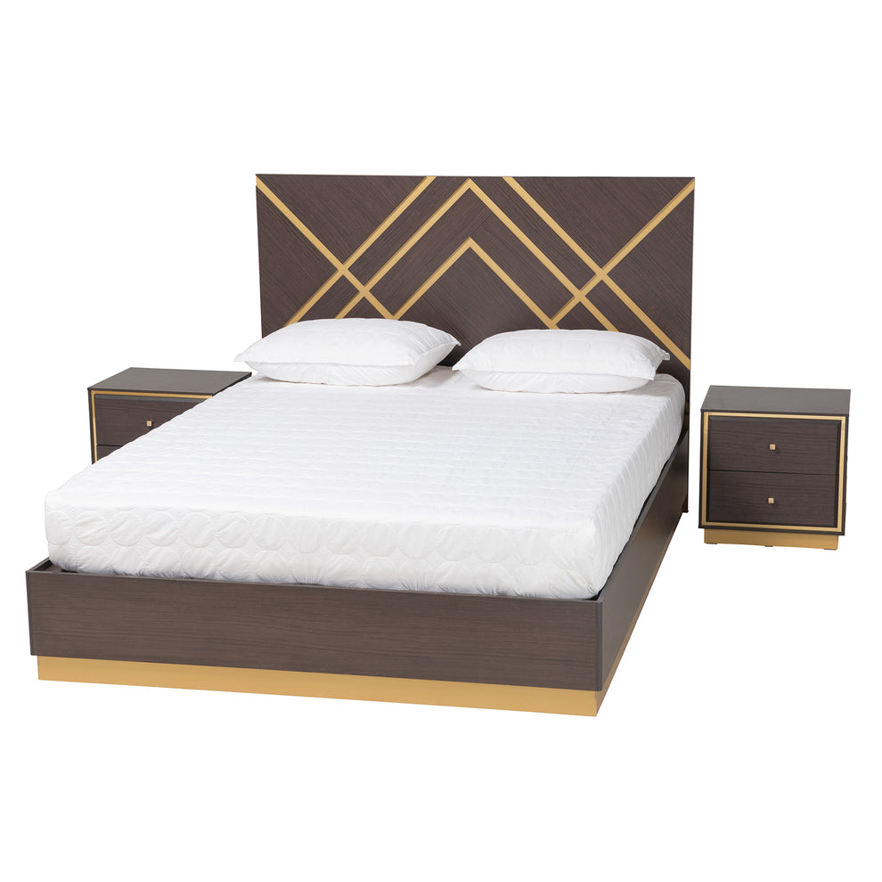 Baxton Studio Arcelia Contemporary Glam and Luxe Two-Tone Dark Brown and Gold Finished Wood Queen Size 3-Piece Bedroom Set | Beds | Modishstore - 2