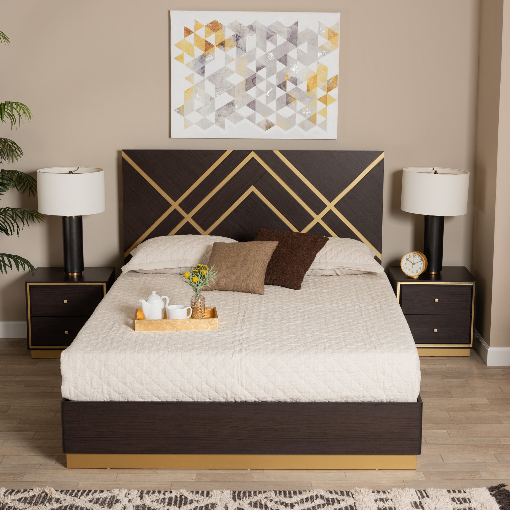 Baxton Studio Arcelia Contemporary Glam and Luxe Two-Tone Dark Brown and Gold Finished Wood Queen Size 3-Piece Bedroom Set | Beds | Modishstore