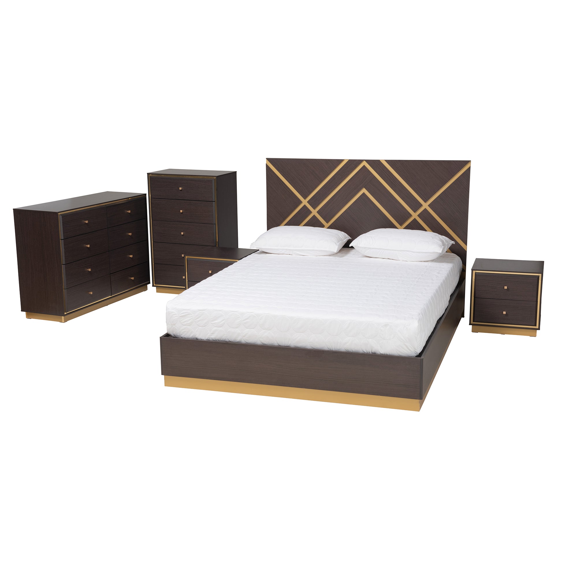 Baxton Studio Arcelia Contemporary Glam and Luxe Two-Tone Dark Brown and Gold Finished Wood Queen Size 5-Piece Bedroom Set | Bedroom Sets | Modishstore - 6
