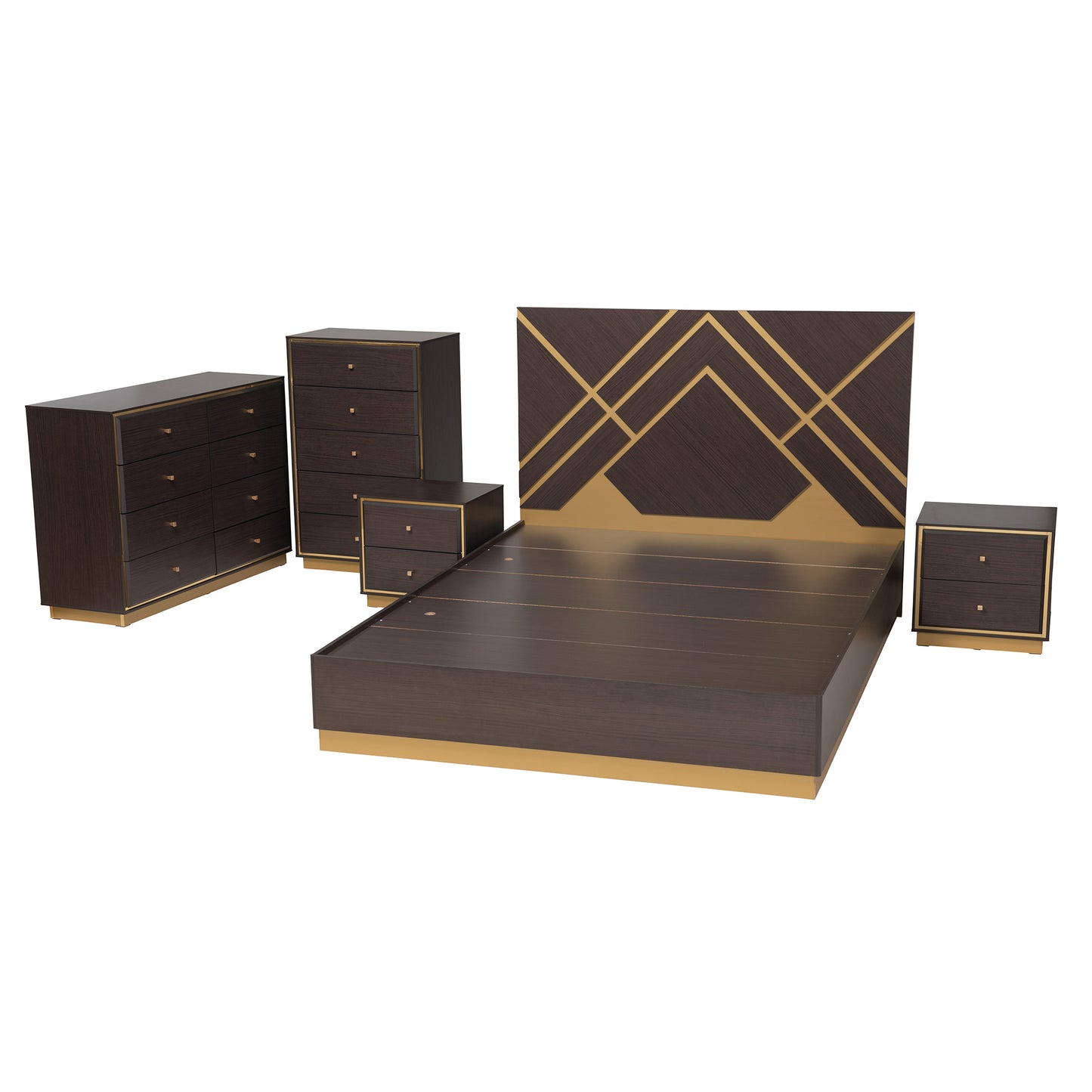 Baxton Studio Arcelia Contemporary Glam and Luxe Two-Tone Dark Brown and Gold Finished Wood Queen Size 5-Piece Bedroom Set | Bedroom Sets | Modishstore - 7