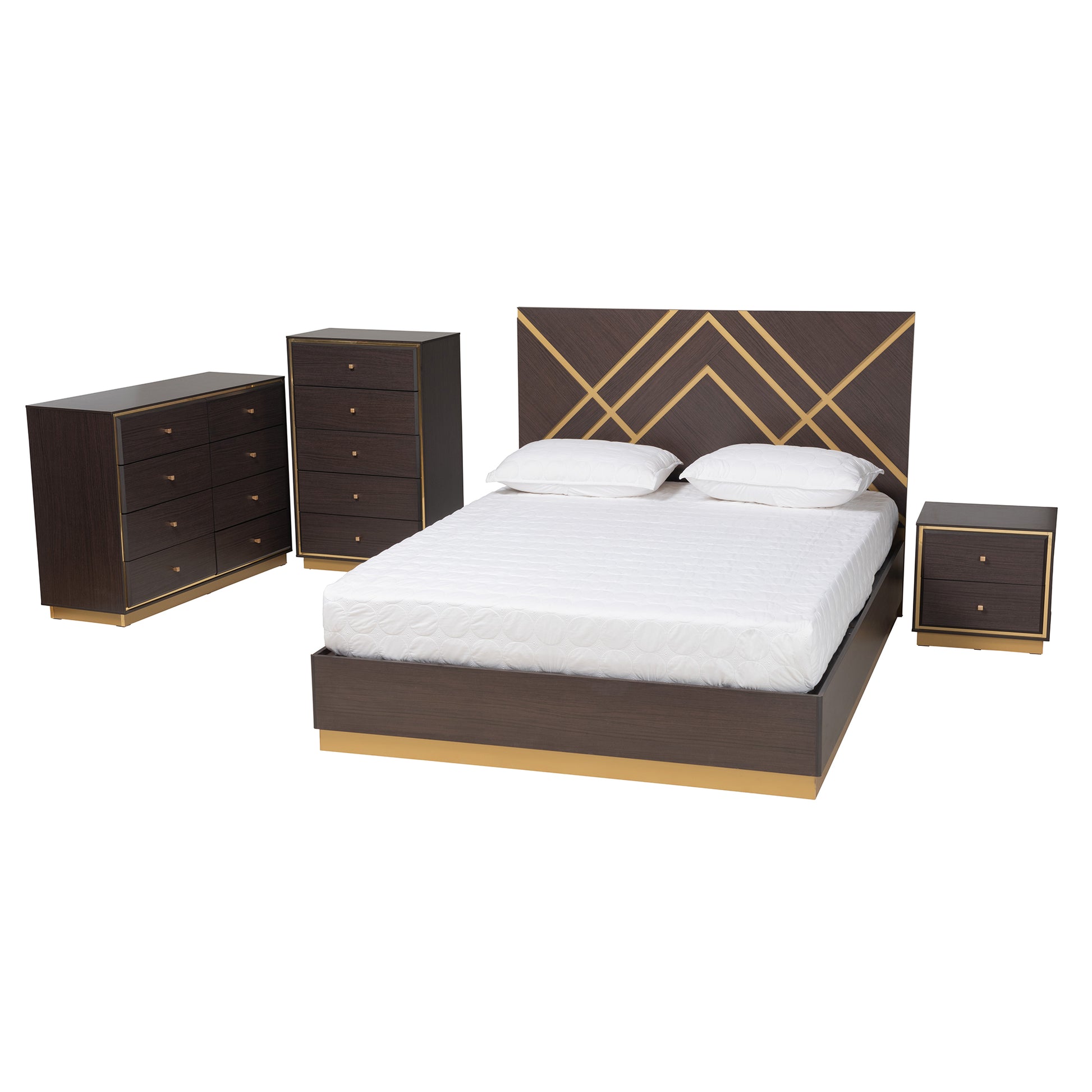 Baxton Studio Arcelia Contemporary Glam and Luxe Two-Tone Dark Brown and Gold Finished Wood Queen Size 4-Piece Bedroom Set with Chest | Bedroom Sets | Modishstore - 6