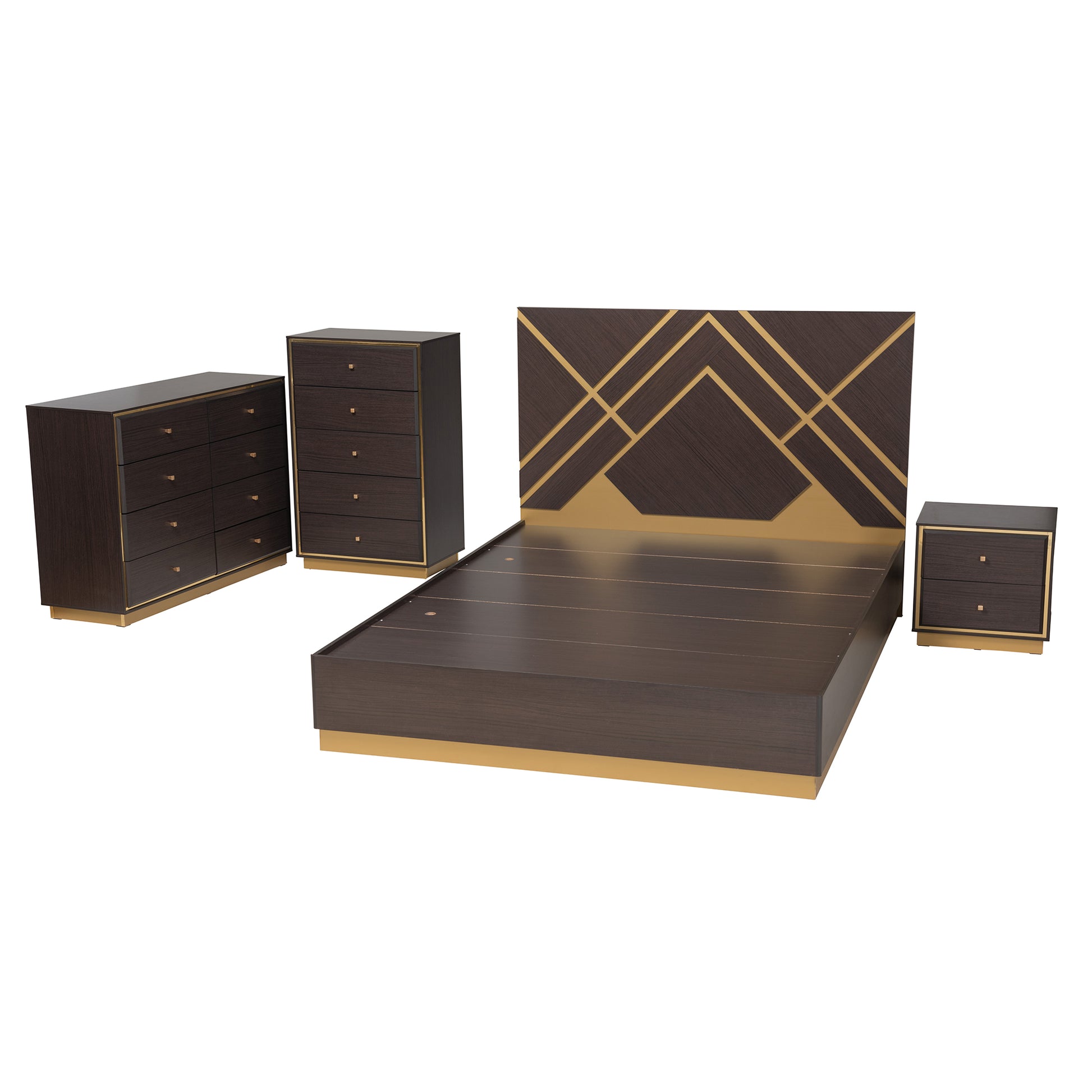 Baxton Studio Arcelia Contemporary Glam and Luxe Two-Tone Dark Brown and Gold Finished Wood Queen Size 4-Piece Bedroom Set with Chest | Bedroom Sets | Modishstore - 7