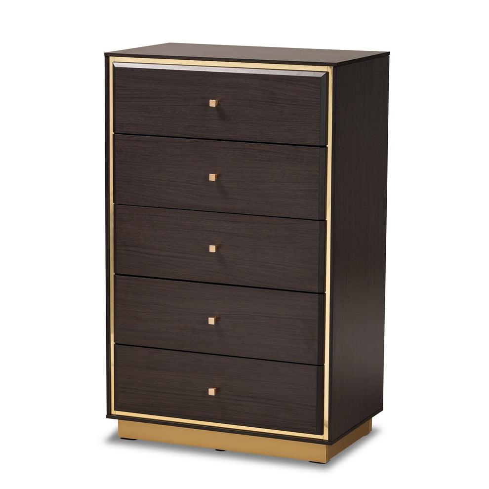 Baxton Studio Arcelia Contemporary Glam and Luxe Two-Tone Dark Brown and Gold Finished Wood Queen Size 4-Piece Bedroom Set with Chest | Bedroom Sets | Modishstore - 11