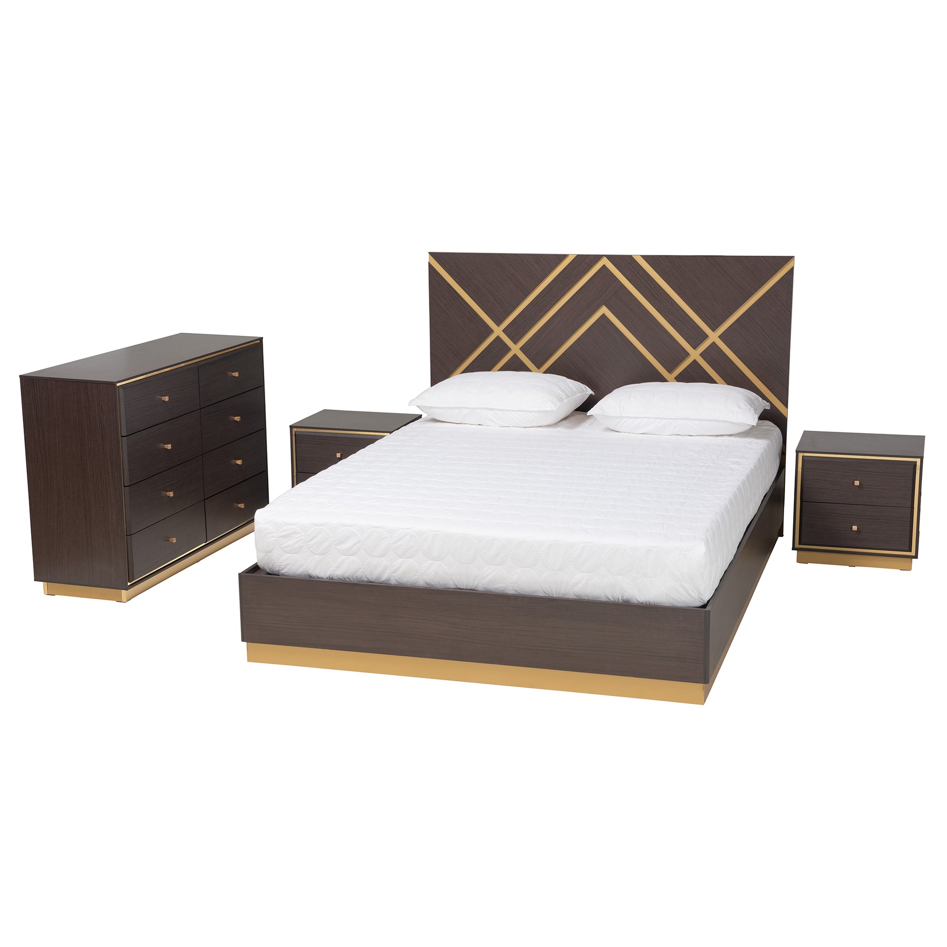 Baxton Studio Arcelia Contemporary Glam and Luxe Two-Tone Dark Brown and Gold Finished Wood Queen Size 4-Piece Bedroom Set | Beds | Modishstore - 2