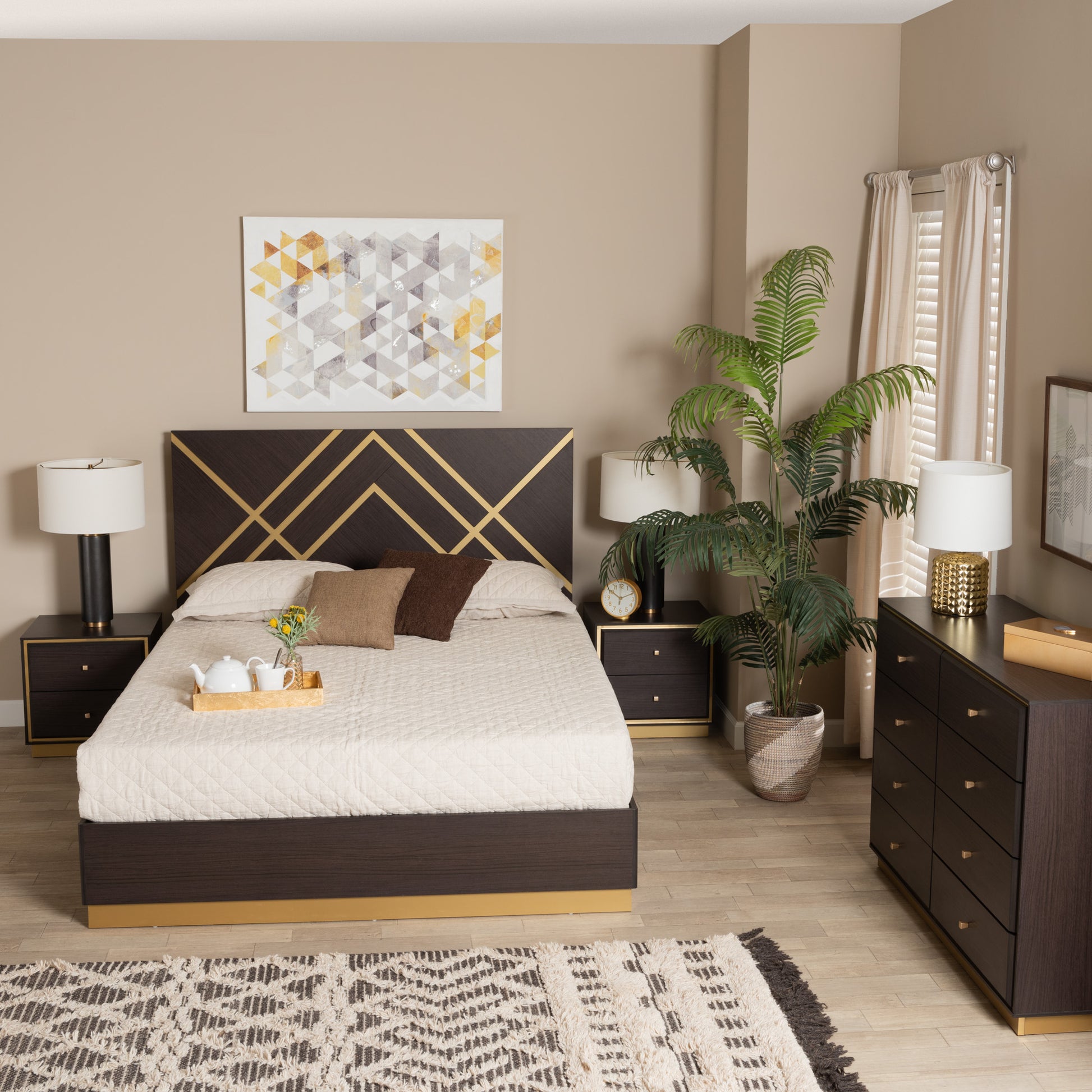 Baxton Studio Arcelia Contemporary Glam and Luxe Two-Tone Dark Brown and Gold Finished Wood Queen Size 4-Piece Bedroom Set | Beds | Modishstore