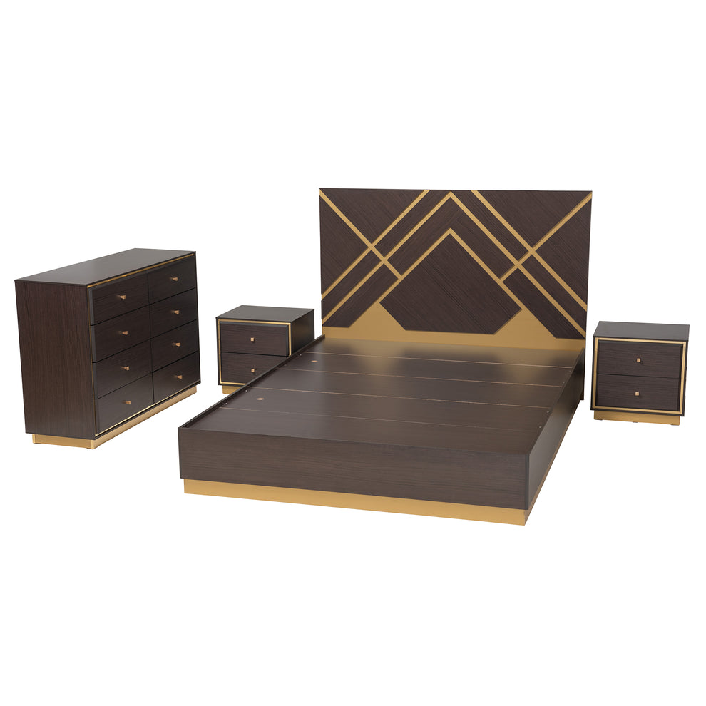 Baxton Studio Arcelia Contemporary Glam and Luxe Two-Tone Dark Brown and Gold Finished Wood Queen Size 4-Piece Bedroom Set | Beds | Modishstore - 3