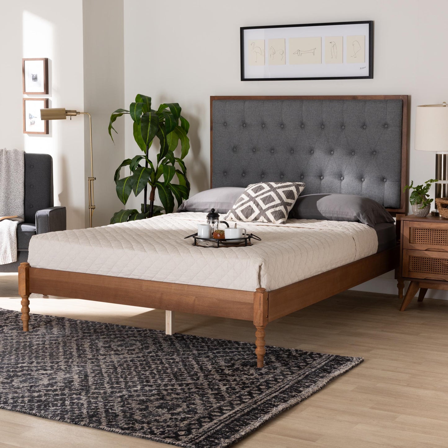 Baxton Studio Odeya Classic and Traditional Grey Fabric and Walnut Brown Finished Wood Queen Size Platform Bed | Beds | Modishstore