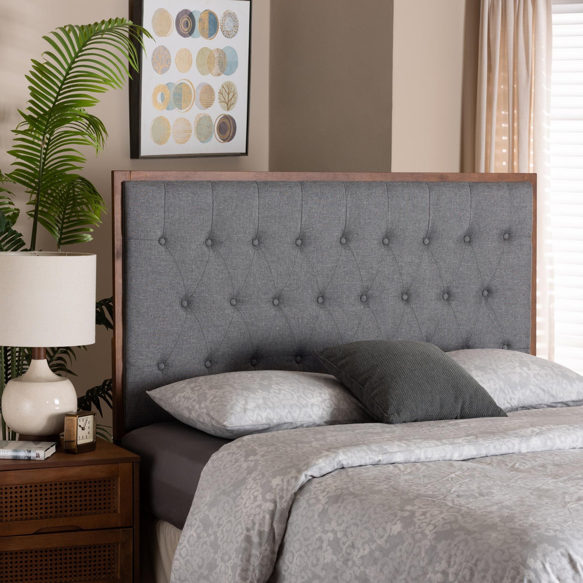 Baxton Studio Harumi Classic and Traditional Grey Fabric and Walnut Brown Finished Wood Queen size Headboard | Headboards | Modishstore