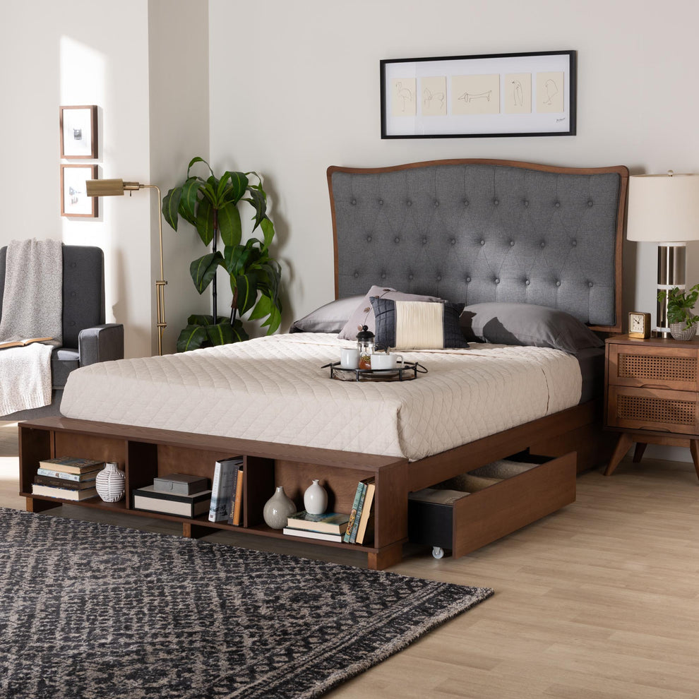 Baxton Studio Kalare Classic Transitional Grey Fabric and Walnut Brown Finished Wood King Size Platform Storage Bed | Beds | Modishstore - 9