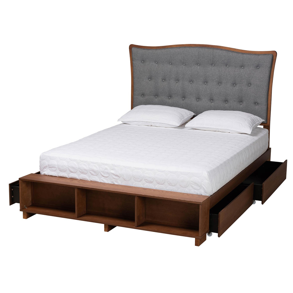 Baxton Studio Kalare Classic Transitional Grey Fabric and Walnut Brown Finished Wood King Size Platform Storage Bed | Beds | Modishstore - 3