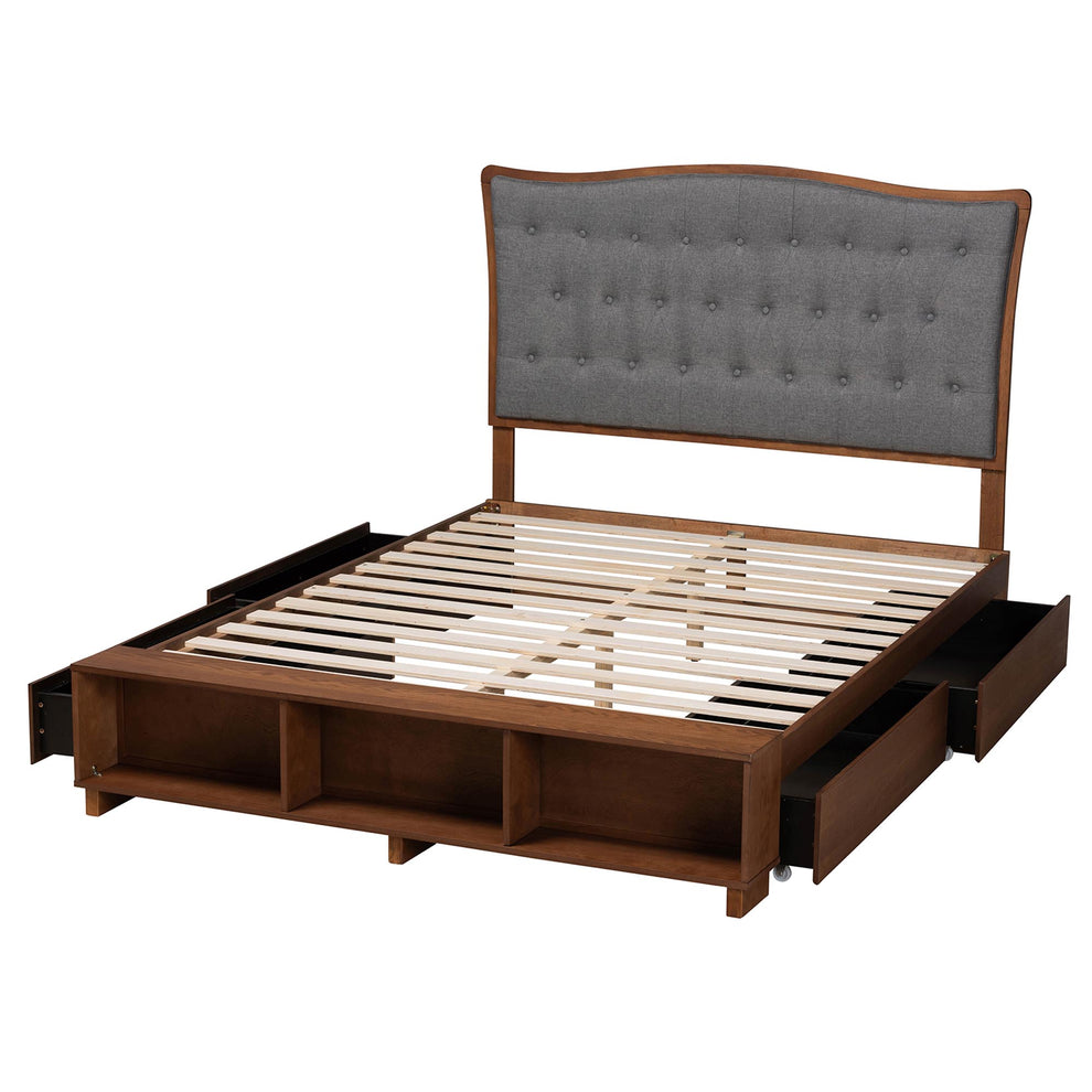 Baxton Studio Kalare Classic Transitional Grey Fabric and Walnut Brown Finished Wood King Size Platform Storage Bed | Beds | Modishstore - 6