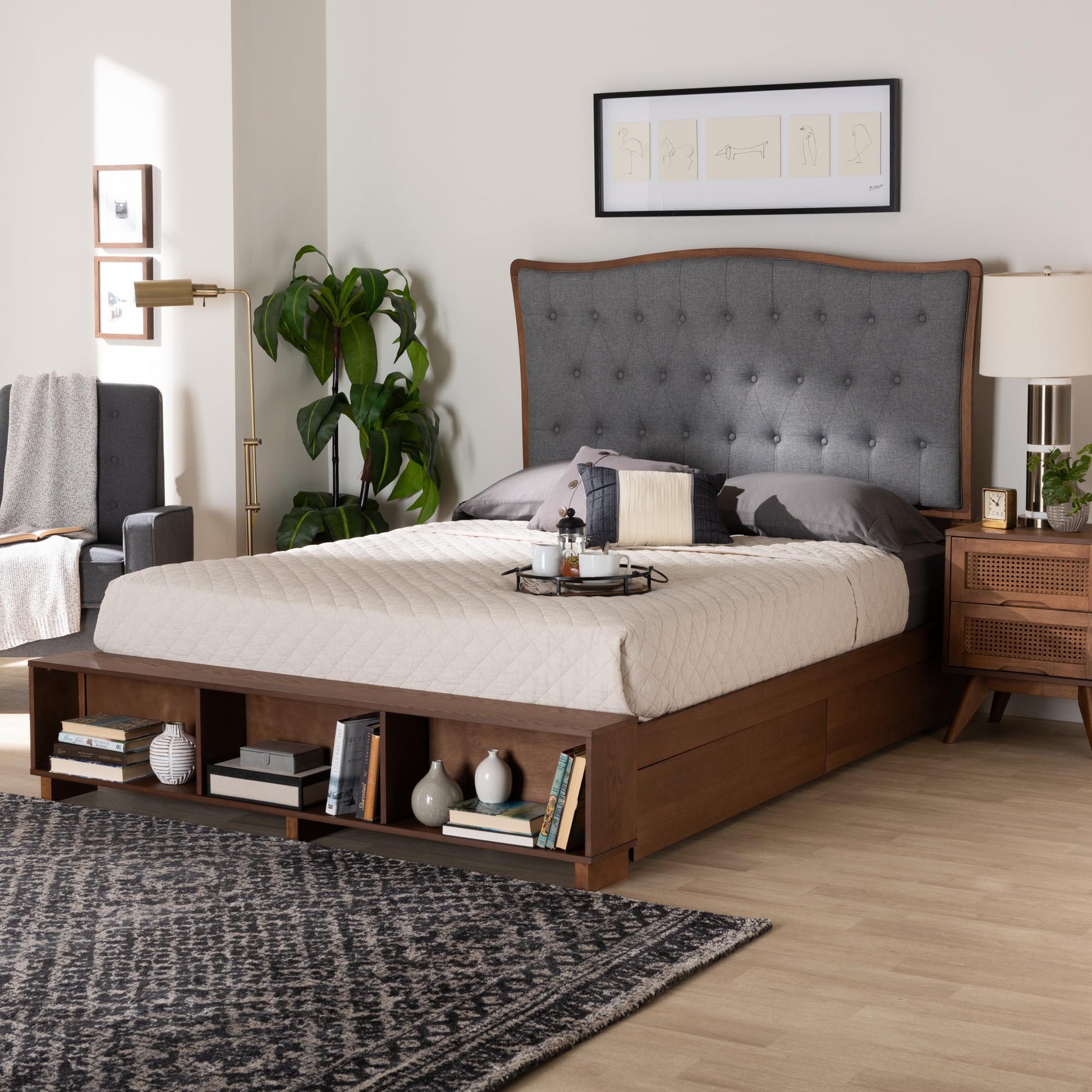 Baxton Studio Kalare Classic Transitional Grey Fabric and Walnut Brown Finished Wood King Size Platform Storage Bed | Beds | Modishstore