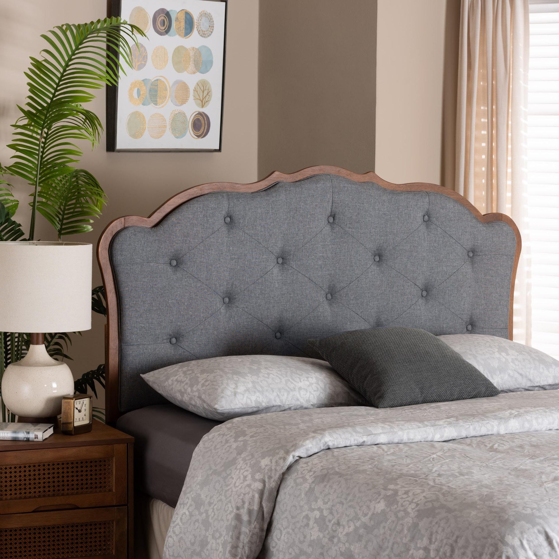 Baxton Studio Leandra Classic and Traditional Grey Fabric and Walnut Brown Finished Wood King Size Headboard | Headboards | Modishstore