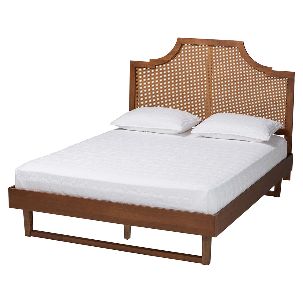 Baxton Studio Francine Mid-Century Modern Ash Walnut Woven Rattan Queen Size Bed | Beds | Modishstore - 6