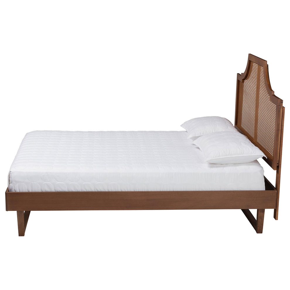 Baxton Studio Francine Mid-Century Modern Ash Walnut Woven Rattan Queen Size Bed | Beds | Modishstore - 7