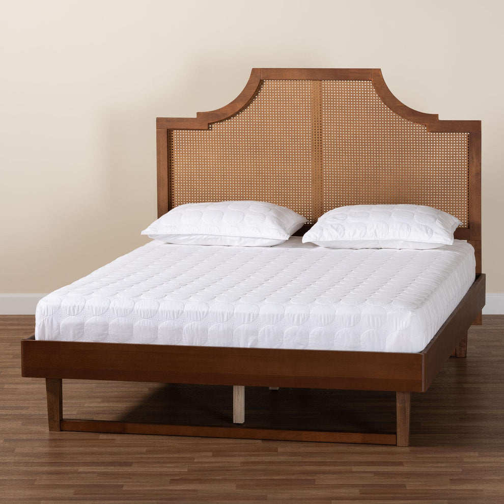 Baxton Studio Francine Mid-Century Modern Ash Walnut Woven Rattan Queen Size Bed | Beds | Modishstore - 2