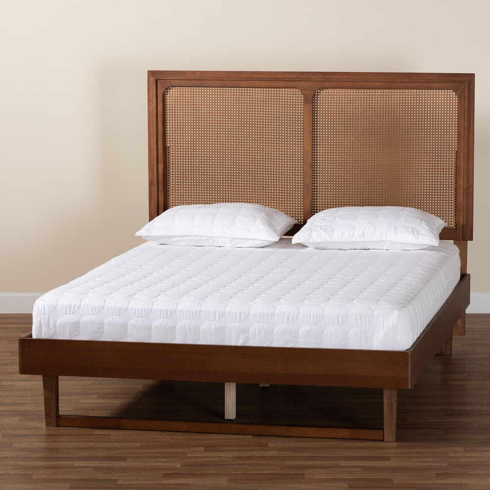 Baxton Studio Rondell Mid-Century Modern Ash Walnut Woven Rattan Queen Size Bed | Beds | Modishstore - 2