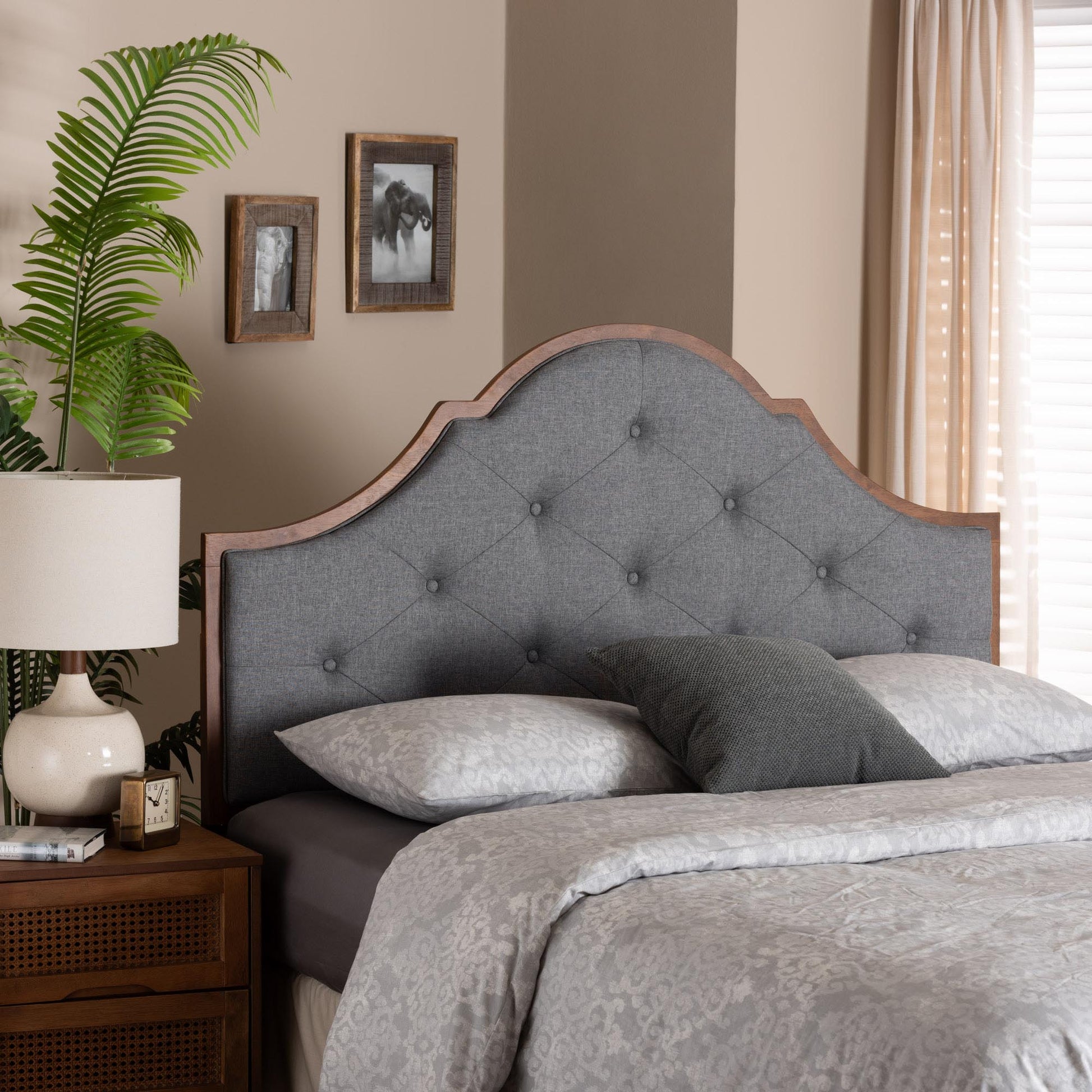 Baxton Studio Camila Classic and Traditional Grey Fabric and Walnut Brown Finished Wood King Size Headboard | Headboards | Modishstore