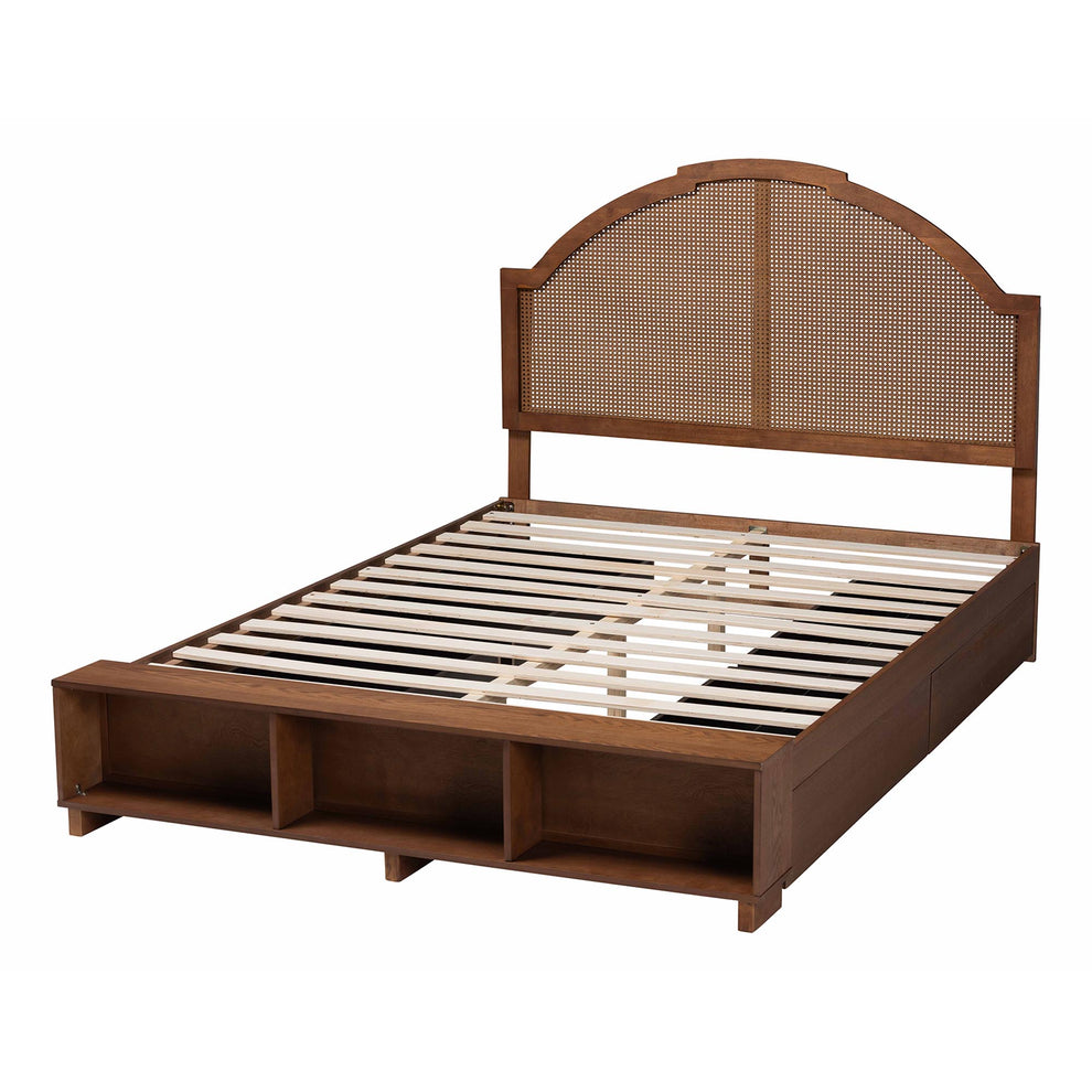 Baxton Studio Darcila Mid-Century Walnut Brown Wood and Rattan Queen Size Storage Bed | Beds | Modishstore - 8