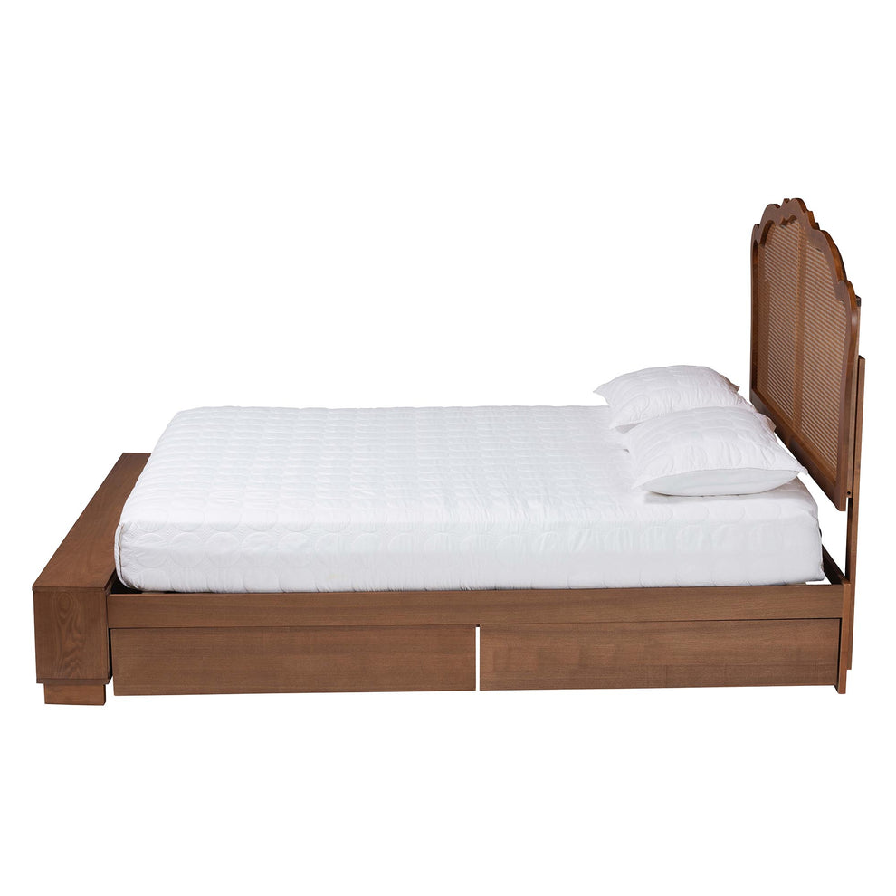 Baxton Studio Latrell Mid-Century Walnut Brown Wood and Rattan King Size Storage Bed | Beds | Modishstore - 7