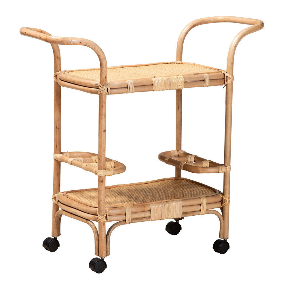 Baxton Studio bali & pari Hadia Modern Bohemian Natural Brown Rattan Wine Cart | Bar Carts | Modishstore - 2