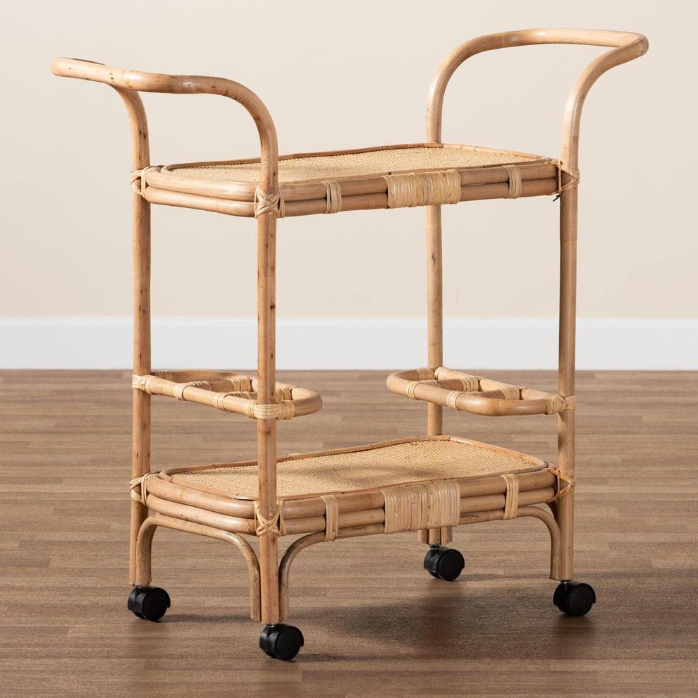 Baxton Studio bali & pari Hadia Modern Bohemian Natural Brown Rattan Wine Cart | Bar Carts | Modishstore - 9