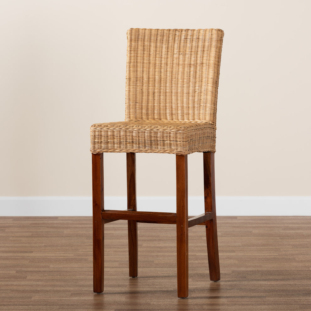 Baxton Studio bali & pari Racquel Modern Bohemian Natural Rattan and Mahogany Wood Bar Stool | Bar Stools | Modishstore - 2
