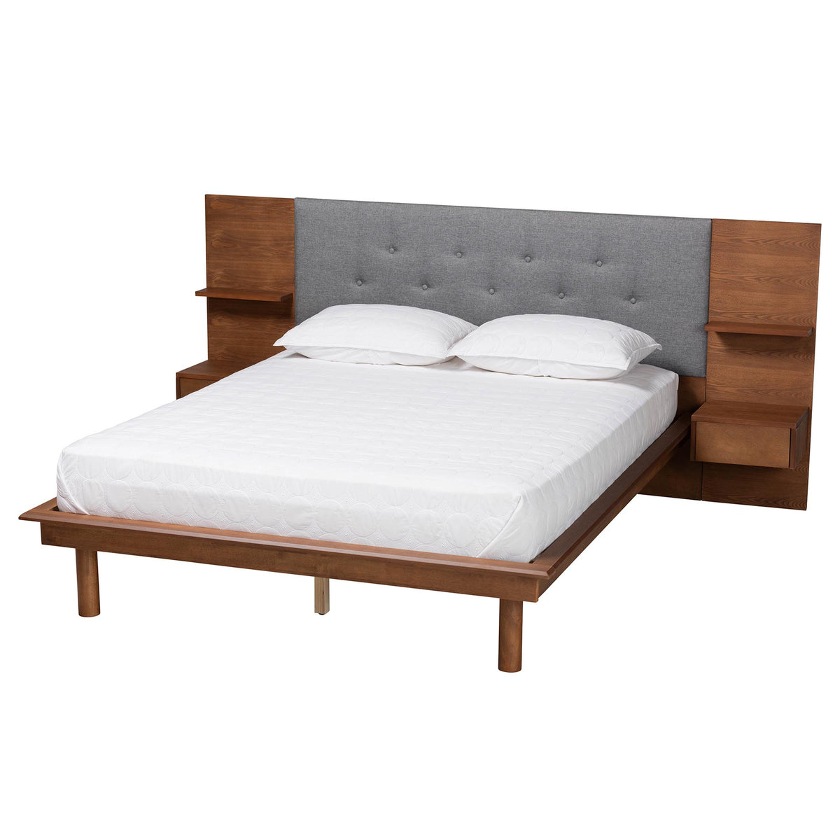 Baxton Studio Eliana Mid-Century Modern Transitional Grey Fabric and Ash Walnut Finished Wood King Size Platform Storage Bed with Built-In Nightstands | Beds | Modishstore - 2