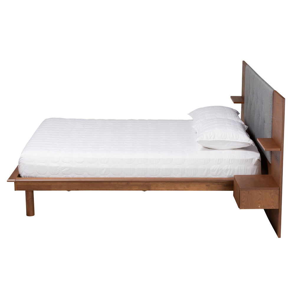 Baxton Studio Eliana Mid-Century Modern Transitional Grey Fabric and Ash Walnut Finished Wood King Size Platform Storage Bed with Built-In Nightstands | Beds | Modishstore - 4