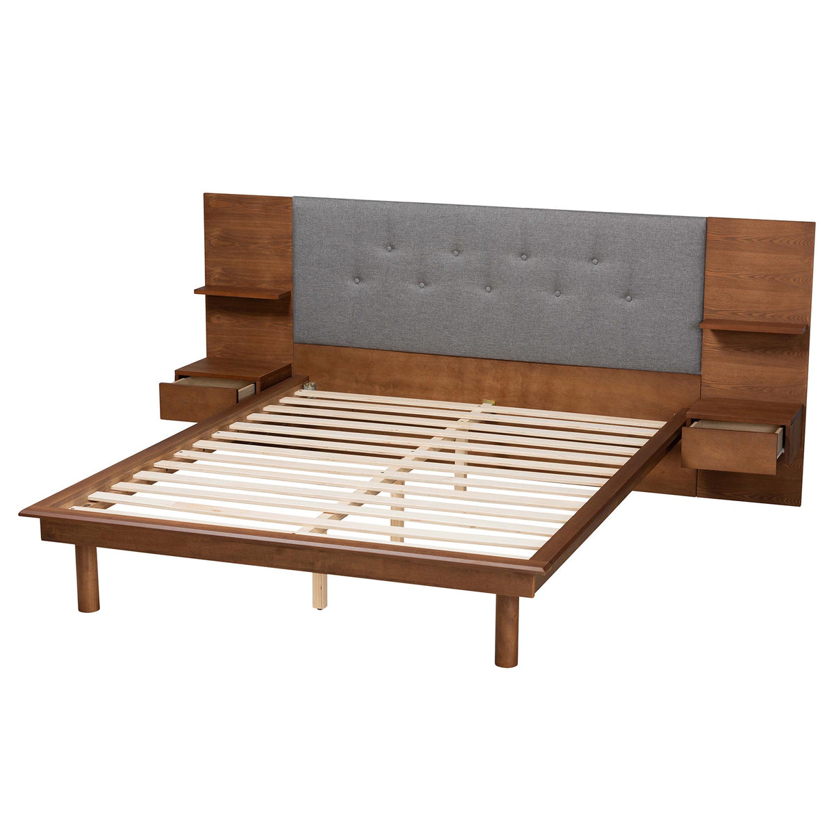 Baxton Studio Eliana Mid-Century Modern Transitional Grey Fabric and Ash Walnut Finished Wood King Size Platform Storage Bed with Built-In Nightstands | Beds | Modishstore - 6