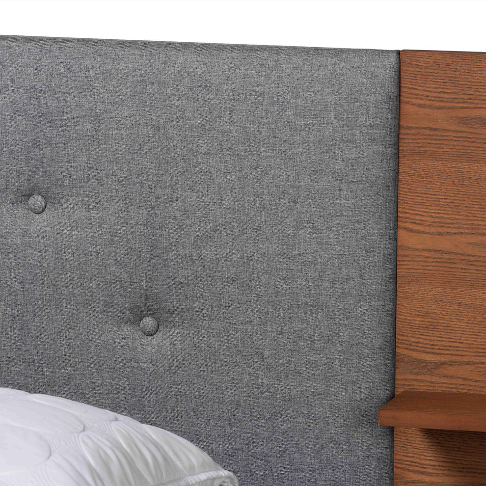 Baxton Studio Eliana Mid-Century Modern Transitional Grey Fabric and Ash Walnut Finished Wood King Size Platform Storage Bed with Built-In Nightstands | Beds | Modishstore - 7