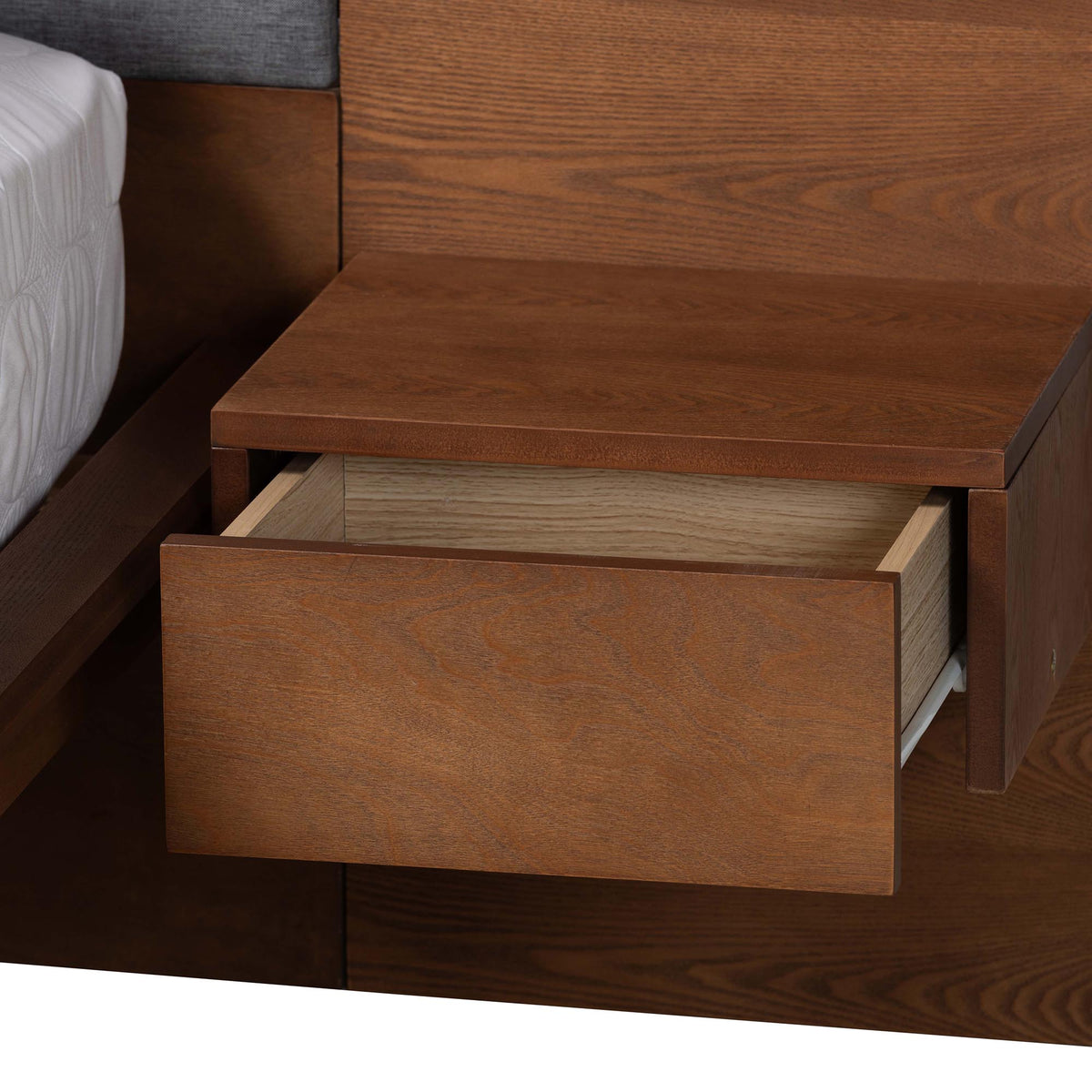 Baxton Studio Eliana Mid-Century Modern Transitional Grey Fabric and Ash Walnut Finished Wood King Size Platform Storage Bed with Built-In Nightstands | Beds | Modishstore - 8