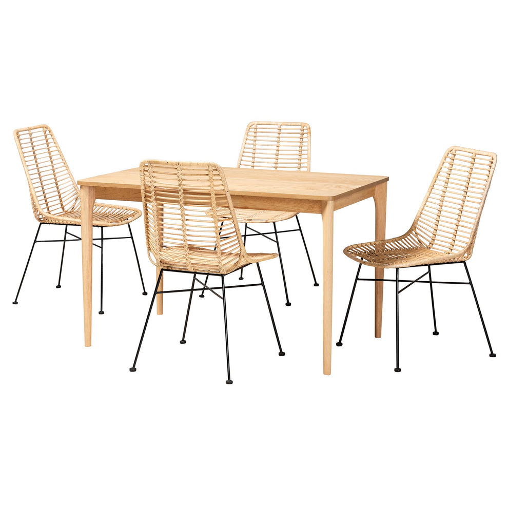 Baxton Studio Manhattan Modern Bohemian Rattan and Natural Oak Finished Wood 5-Piece Dining Set | Dining Sets | Modishstore - 4