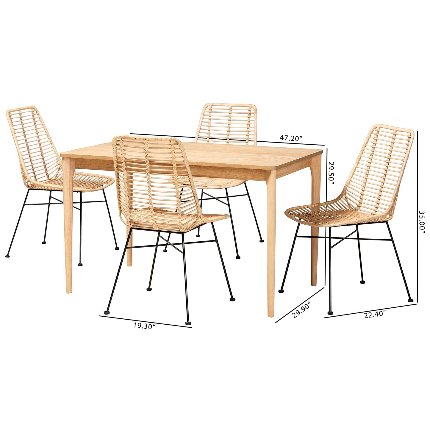 Baxton Studio Manhattan Modern Bohemian Rattan and Natural Oak Finished Wood 5-Piece Dining Set | Dining Sets | Modishstore - 3