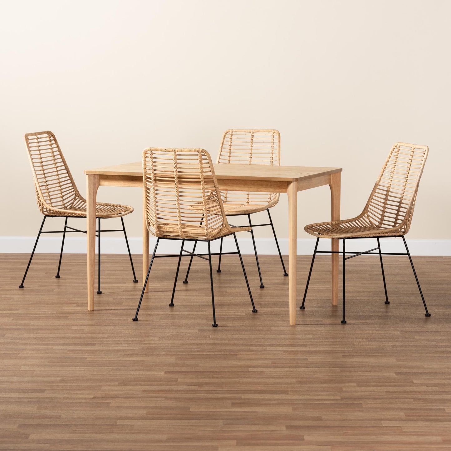 Baxton Studio Manhattan Modern Bohemian Rattan and Natural Oak Finished Wood 5-Piece Dining Set | Dining Sets | Modishstore - 2