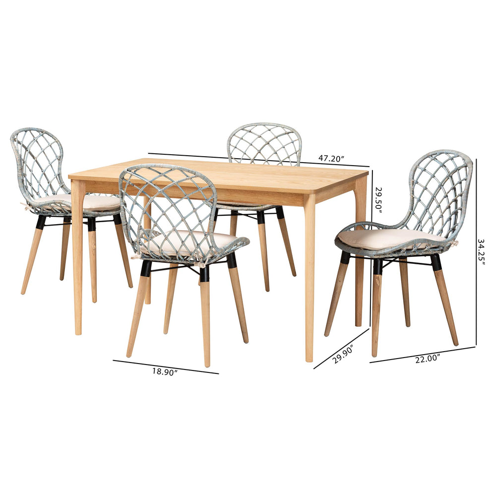 Baxton Studio Sabelle Modern Bohemian Light Blue Rattan and Natural Brown Finished Wood 5-Piece Dining Set | Dining Sets | Modishstore - 3