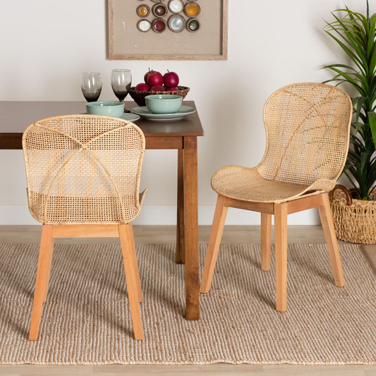 Baxton Studio bali & pari Sabelle Japandi Natural Brown Mahogany and Rattan 2-Piece Dining Chair Set | Dining Chairs | Modishstore